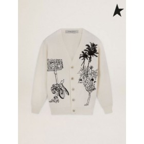 Zlatá Hus Biela Cesta zber cardigan s ručne vyšívané čierne tropické vzor Béžová biela