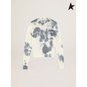 Zlatá Hus Biela núdzi-dokončiť Cestu zber pulóver s tmavo šedá tie-dye efekt a bielym písmom na prednej strane, biela, tmavo šedá