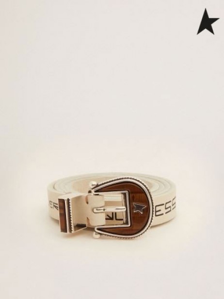 황금알을 낳는데오 벨트에 흰색 가죽으로 대조 필기 문자에서 흰색