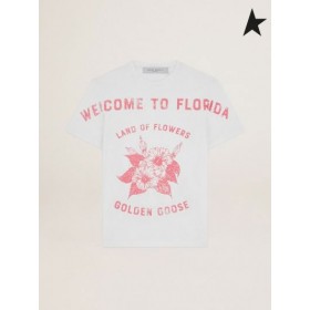 황금알을 낳는 거위 흰 여행 컬렉션 T-셔츠와 꽃 인쇄 및 자체에 흰색 빨강