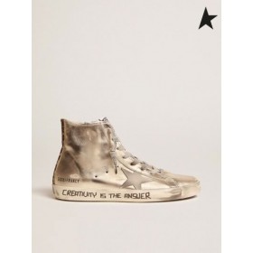 황금알을 낳는 거위 금 Francy 운동화 필기 문자와 표범 인쇄 세부사항 골드 색상 회색 표범