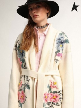 Cardigan iz kolekcije Golden Goose White Journey s resama po dnu, pojasom u struku i ručni vez Bež i bijele boje