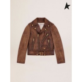 Байкерская jakna Golden Goose Golden collection od otrcana kože s анималистичным po cijeloj površini Animal Print