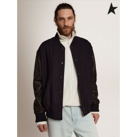 Golden Goose bomber jacker in blue wool and black leather dark blue black