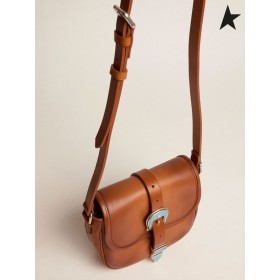 Mala torba za rodeo Golden Goose od blijedo smeđe kože, s plavom insignia plava