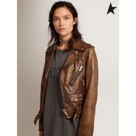 Байкерская jakna Golden Goose Golden collection od otrcana kože s анималистичным po cijeloj površini Animal Print