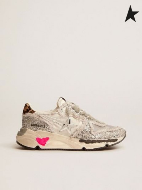 Golden Goose löparskor Tunga sneakers i nylon och silver glitter med leopard-print ponny huden hälen fliken silver leopard