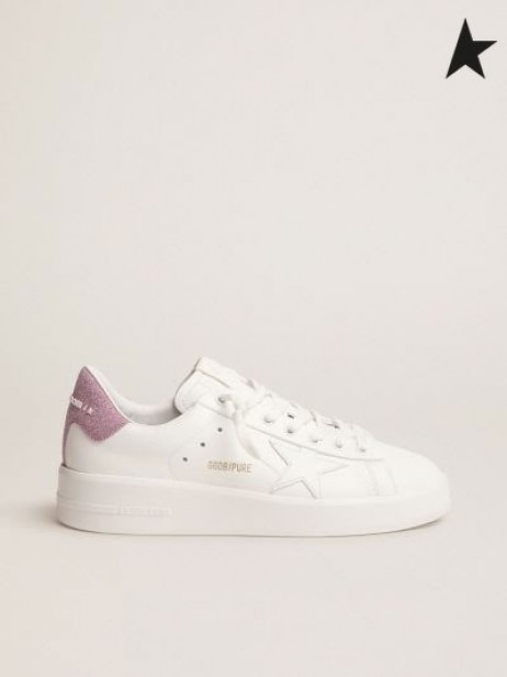 Golden Goose Purestar sneakers i vitt läder med rosa glitter hälen fliken vit rosa