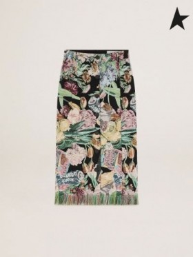 Golden Goose Journey samling Christine svart kjol med blomma collage och fransar i rött