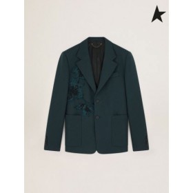 Golden Goose Single-breasted Resa samling Derik jacka med appliqued blomma fläckar mörkt turkos