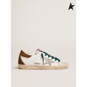 Golden Goose Super-Star sneakers med silver glitter star och leopard-print suede häl fliken i vitt