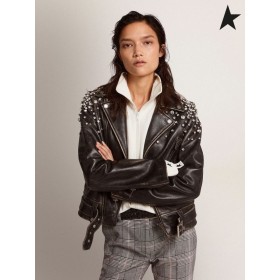Golden Goose läder biker jacka med svarta kristaller