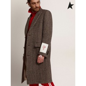 Golden Goose Golden collection single-breasted kappa i ull med fiskbensmönster väva i beige och antracit grå Beige grå