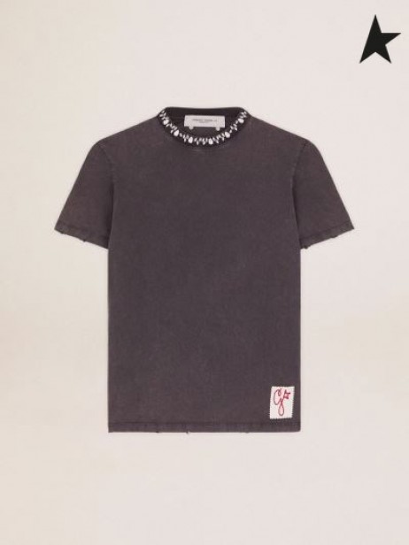 Altın Kaz Altın koleksiyon Tişört antrasit gri cabochon kristalleri ile koyu gri