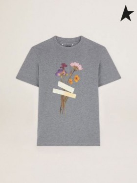 Altın Kaz Gri melanj Yolculuk koleksiyonu T-shirt çiçek buketi ve scotch bant baskı gri