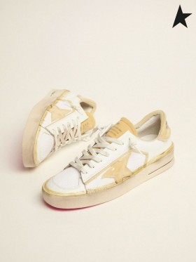 Köpük ve PVC uçlu beyaz deriden altın Kaz Stardan LAB spor ayakkabı beyaz sarı