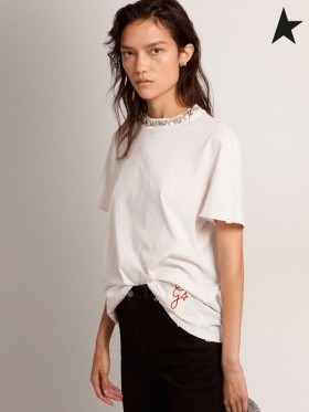 Cabochon kristalleri ile beyaz altın Kaz Altın koleksiyon tişört beyaz