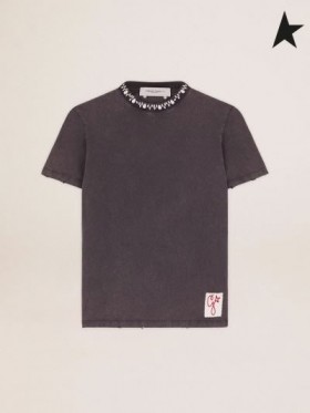 Altın Kaz Altın koleksiyon Tişört antrasit gri cabochon kristalleri ile koyu gri