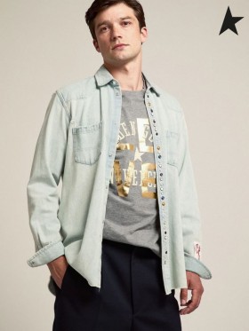 Altın Kaz Gri melanj Yolculuk koleksiyonu Tişört altın yazı ve beyaz logo gri