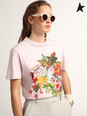 Çok renkli tropikal baskı lavanta ile altın Kaz Lavanta Yolculuk koleksiyonu T-shirt