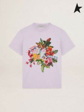 Çok renkli tropikal baskı lavanta ile altın Kaz Lavanta Yolculuk koleksiyonu T-shirt