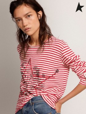 Altın Kaz Altın koleksiyon Beyaz ve kırmızı çizgili ve önü işlemeli tişört beyaz kırmızı