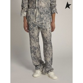 Altın Kaz Evan Golden Resort Kapsül koleksiyonu keten pantolon vintage mavi kontrast beyaz toile de jouy baskı mavi