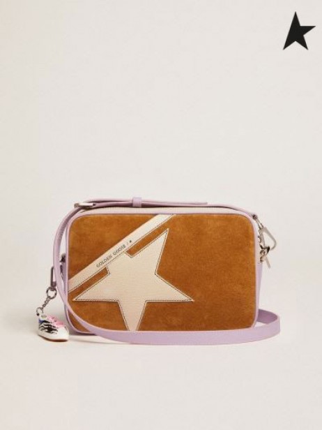 Golden Goose Bolsa de la Estrella en blanco y lila cuero martillado con camello de color inserciones de gamuza y cuero blanco de la estrella con costuras en contraste blanco café