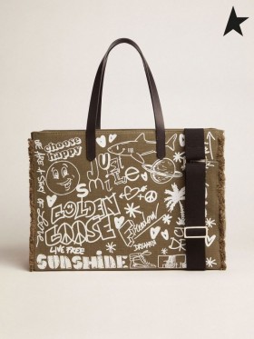 El Ganso de oro Este-Oeste de California Bolso en verde militar de lona con graffiti café