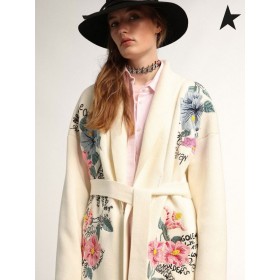 El Ganso de oro Blanco de Viaje de la colección chaqueta de punto con flecos dobladillo, cinturón en la cintura y bordado a mano Beige blanco