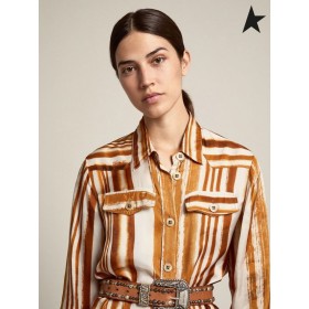 Ganso de oro de Viaje de la colección de Dana camisa de vestir con acuarela-efecto de la raya vertical de impresión de color Crudo / Terracota