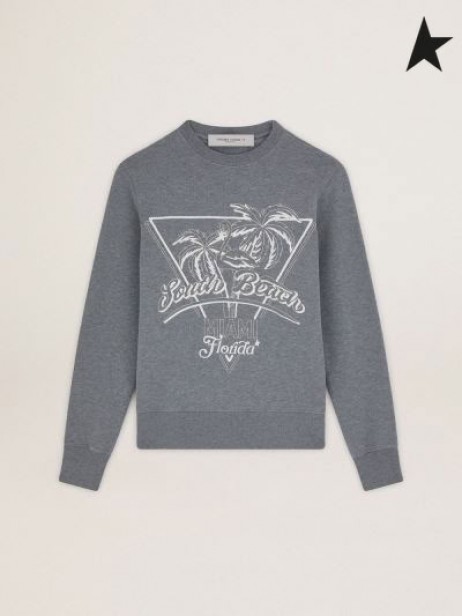 أوزة ذهبية اللون الرمادي رحلة جمع البلوز مع النخيل طباعة الشاطئ الجنوبي حروف باللون الأبيض الرمادي