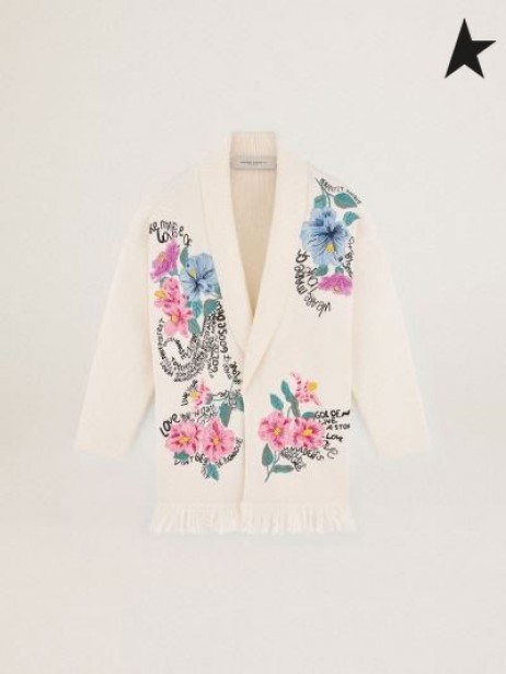 الذهبي أوزة بيضاء رحلة جمع سترة مع مهدب هيم حزام عند الخصر و من ناحية التطريز البيج والأبيض