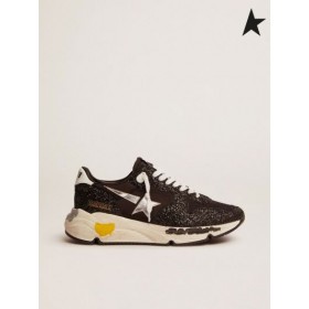 أوزة ذهبية الأحذية وحيد أحذية باللون الأسود النايلون مع بريق الفضة مغلفة جلد النجم الأسود