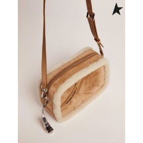 أوزة ذهبية نجوم حقيبة مصنوعة من جلد الغزال مع shearling متفوقا القهوة