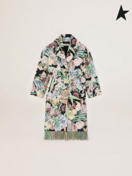 Zlatá Husa Single-breasted Cesty kolekce Bertina žakárové kabát s květinovou koláž a třásně s červenými květy