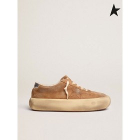 Zlatá Husa Prostor-Hvězdičkový tenisky v tabák-barevné semišové s shearling podšívka červená stříbrná bílá