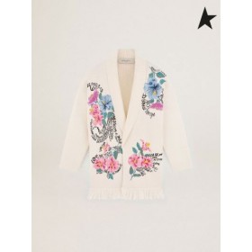 Zlatá Husa Bílá Cesta kolekce svetr s třásněmi lem, pásek v pase a ruční výšivkou Béžová bílá