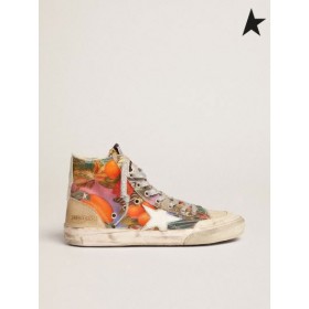 Zlatá Husa Francy Penstar tenisky v plátně s vícebarevná Havaj tisk a bílé kůže hvězdě Vícebarevná bílá