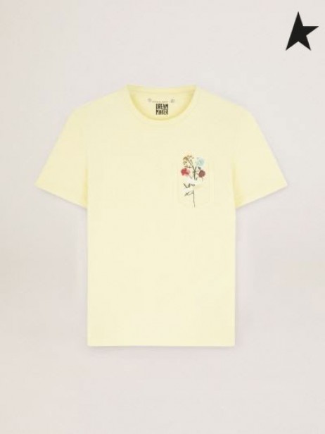 Golden Goose Pastel gul Rejse samling T-shirt med blomster buket på brystlomme gul