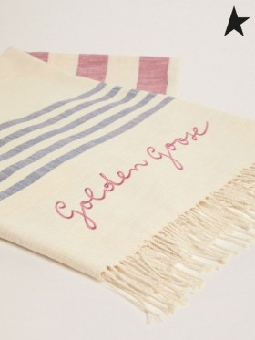 Golden Goose Egeo Golden Resort kollektion bomuld, strand håndklæde i vintage hvid med røde og blå striber og flettet frynser i bunden hvid