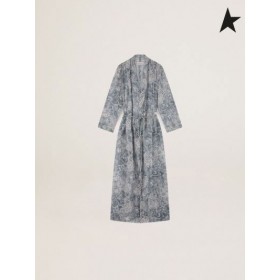 Golden Goose Esmeralda Golden Resort kollektion linned kaftan i vintage blå med kontrasterende hvide toile de jouy-print-blå