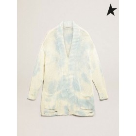 Golden Goose Hvid nødlidende-færdig Rejse indsamling cardigan med pulver-blå tie-dye effekt og hvide bogstaver på kant hvid blå