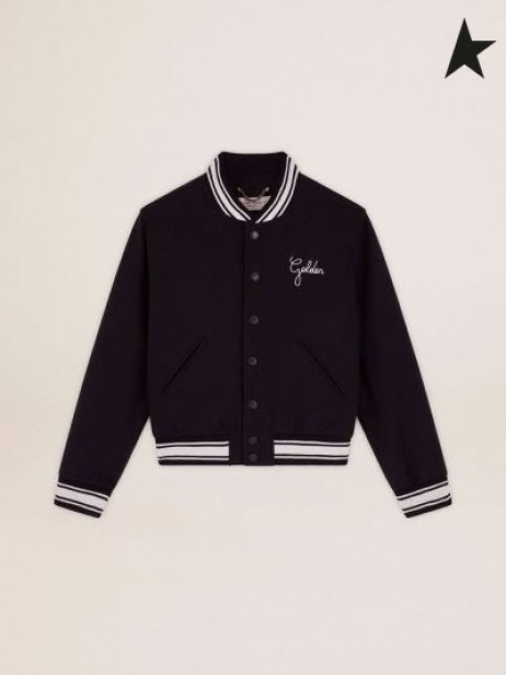 Golden Goose Gouden collectie bomber jacket in donkerblauw wol met contrasterende witte details donker blauw