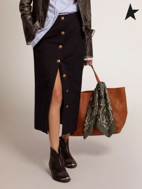 Golden Goose Gouden collectie potlood rok in donkerblauw wol met goud-kleurige tekeningen van de knoppen donker blauw