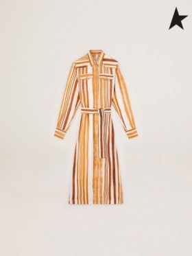 Golden Goose Reis verzameling Dana shirt jurk met aquarel-effect verticale streep print Ecru / Terracotta
