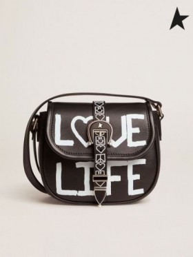 Golden Goose Klein zwart leer Rodeo Bag met "Love Life" scherm zwart afdrukken