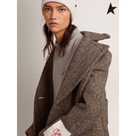 Golden Goose Gouden collectie double-breasted jas in antraciet-grijs gestreepte wol met gele hand-geschilderde details donker grijs