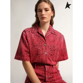 Golden Goose Azalea-gekleurde Reis collectie denim shirt met zwarte luipaard print roze zwart