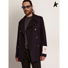 Golden Goose Gouden collectie korte double-breasted jas in donkerblauw wol met goud-kleurige tekeningen van de knoppen donker blauw